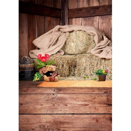 Image of ABPHOTO Polyester Interior Chalet Brown Wooden Wall Floor Photography Backdrop Straw Pile Flowers Toy Bear Guitar Baby Kids Studio Photo Shoot Background 5x7ft