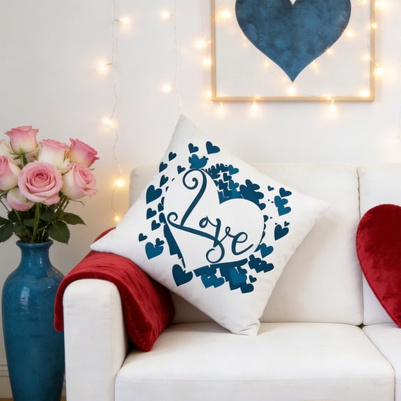 Tuvgenk Valentine's Day Pillow Covers 18x18 In Blue Love Heart Throw Pillow Cover Decorative Pillowcase Romantic Pillow Cases for Couch Sofa Bedroom Chair Party Decor Square Cushion Covers
