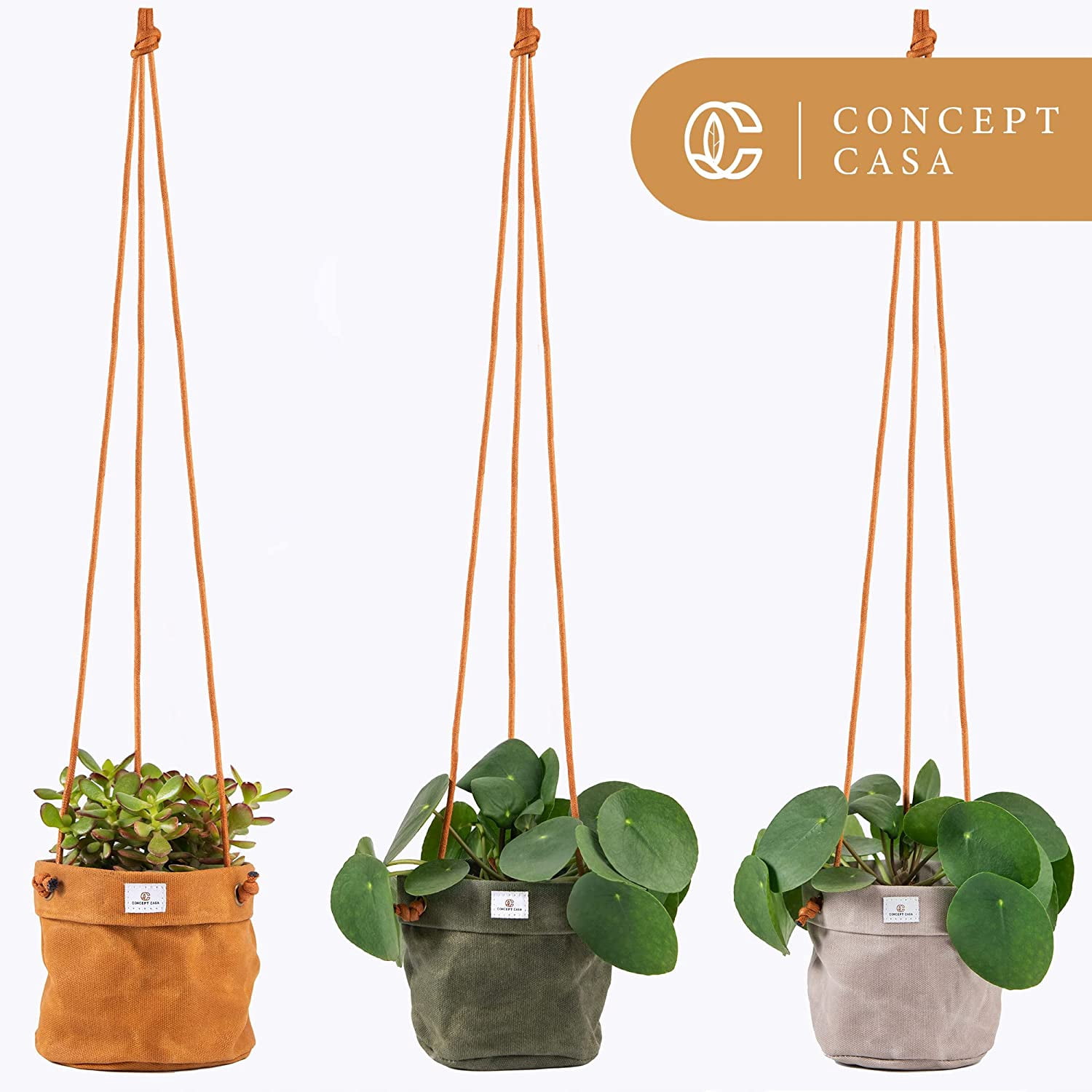 Concept Casa Small 5" Solid Print Hanging Planter with Handmade Waxed Canvas (Forest Green)
