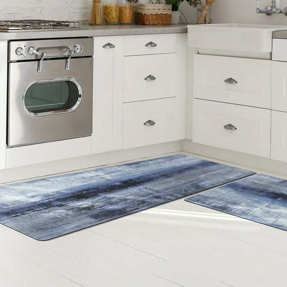 LALILO Blue and Marble Design Anti Fatigue Kitchen Mat Non Slip Floor Mat Set of 2
