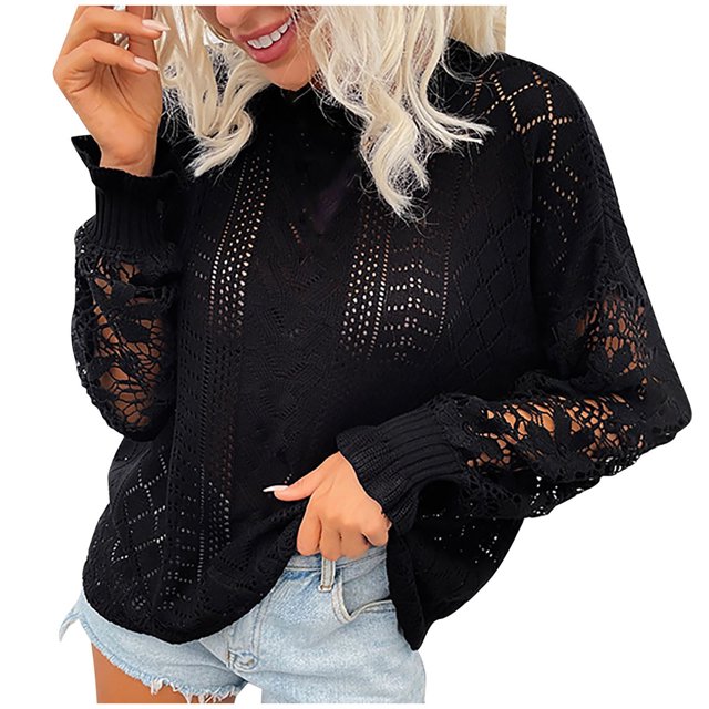 Mrat Chandail à Manches Longues pour Femmes Mode Décontractée Couleur Unie Manches Longues Col Rond Froncé chandail Blouse Hauts Chandail Côtelé pour Femmes P-43 Noir TG