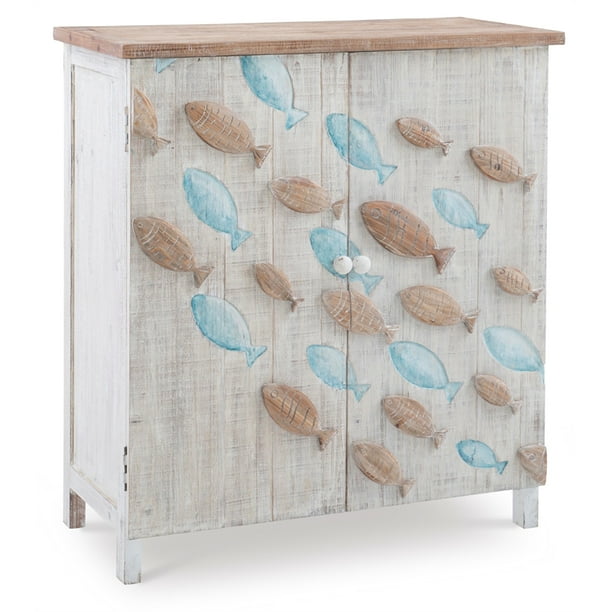Powell Hays Fish Wood Storage Console Cabinet In Distressed White Com Powell Hays Fish Wood Storage Console, Distressed Storage Cabinet
