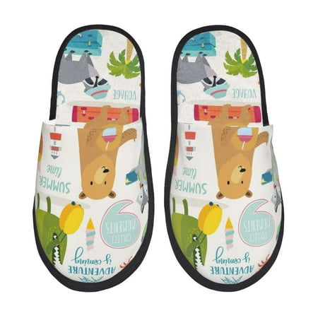 Balery Travel Animals Slient Indoor Furry Fleece Comfort House Shoes Soft Non-Slip Home Shoes Cotton slippers House Slippers-- Large