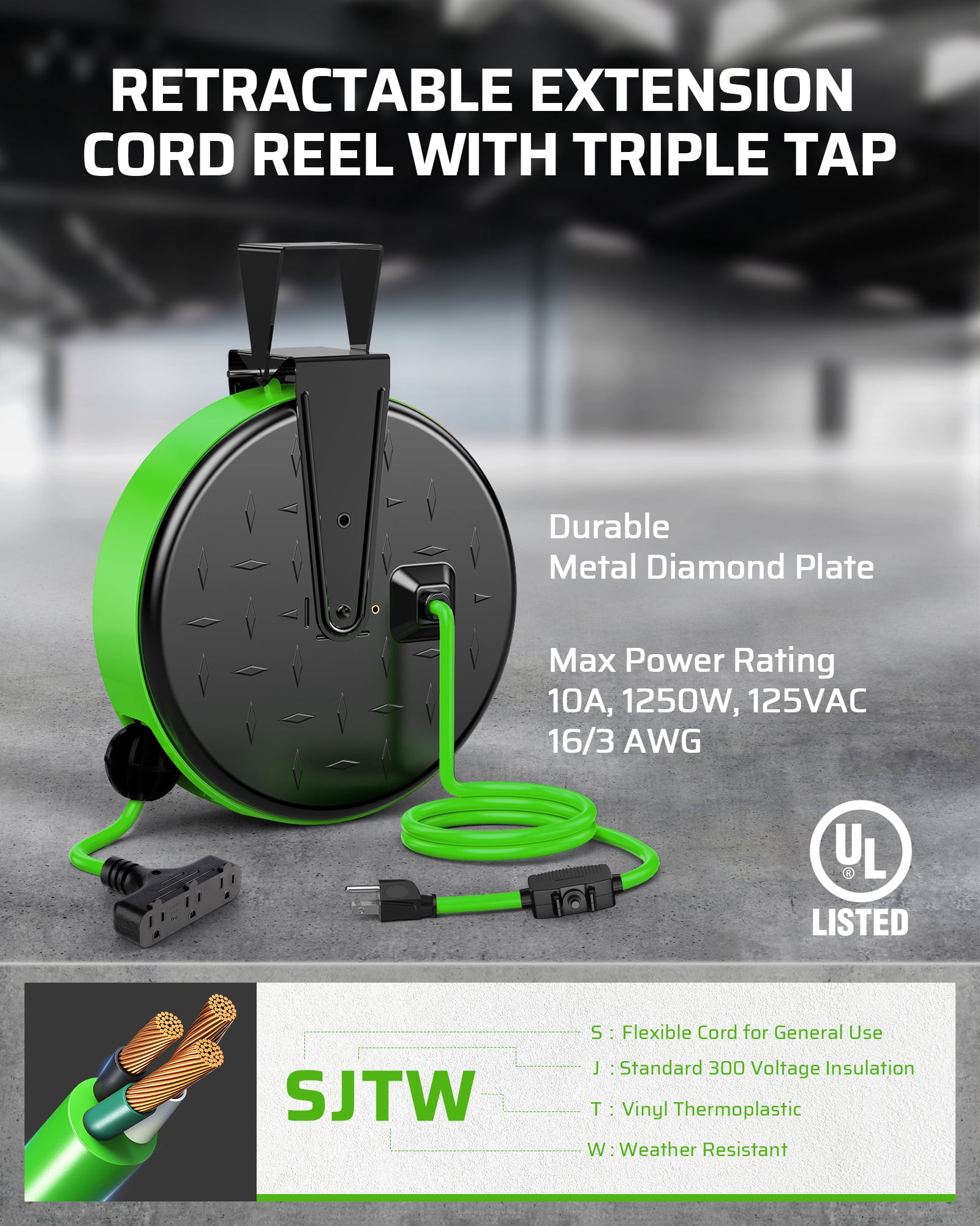 DEWENWILS Metal Extension Cord Reel, 30FT Retractable Extension Cord, 16AWG/3C SJTW Power Cord, 3 Electrical Outlets, 10A Circuit Breaker, Wall or Ceiling Mountable for Workshop, Garage, UL Listed