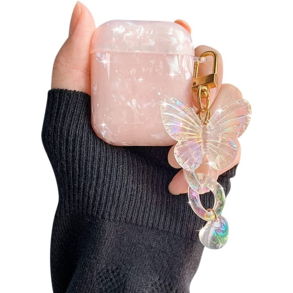 Compatible with AirPods 1&2 Case with Bling Sparkle Pretty Design AirPods Soft TPU Protective Case with Cute Glitter Butterfly Heart Charm for Women Girls-Pink