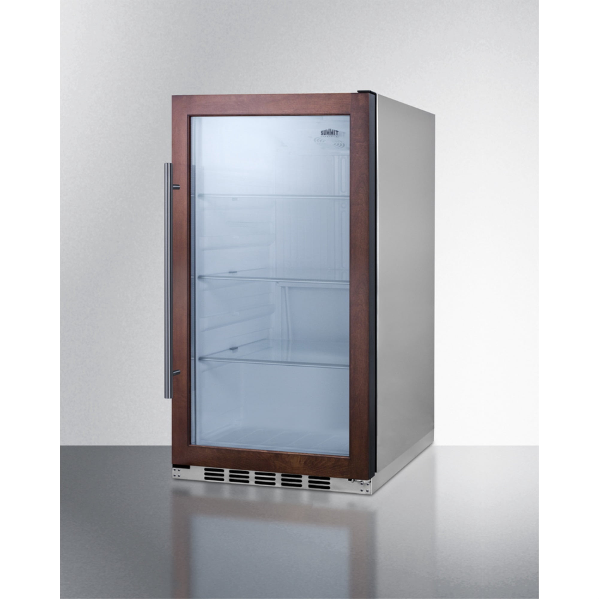 19" wide shallow depth indoor/outdoor beverage center with panel-ready glass door and white interior