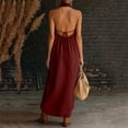 thumbnail image 5 of Guieoi Summer Dresses for Women under $10 Plus Size Flowy Cotton-Linen Halter Neck Pocket Pleated Backless Maxi Dress Red M, 5 of 6