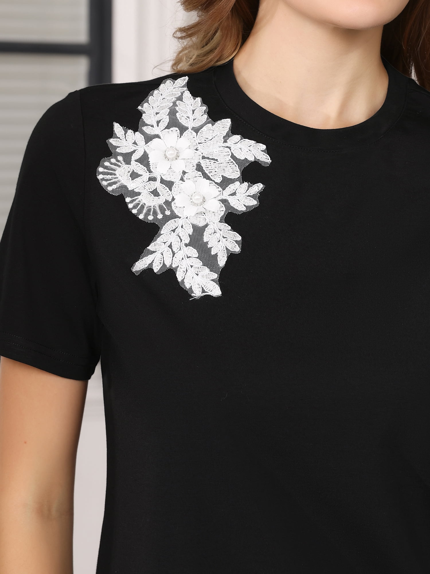 DARING DIVA Women's Basic Tee Shirt Short Sleeve Crew Neck Stretchy Beaded Top M Black