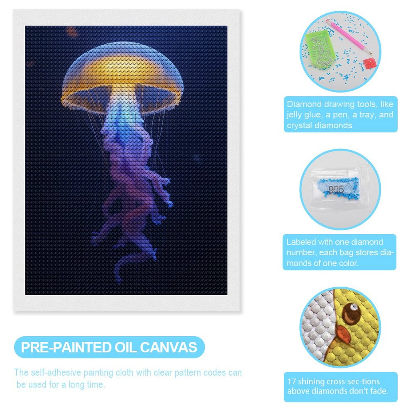 Diamond Art Kits for Adults, Luminous Jellyfish Deep Ocean Glow 5D Diamond Painting Kits for Adults Beginners, DIY Full Drill Diamond Painting, Gem Art and Crafts 12x16