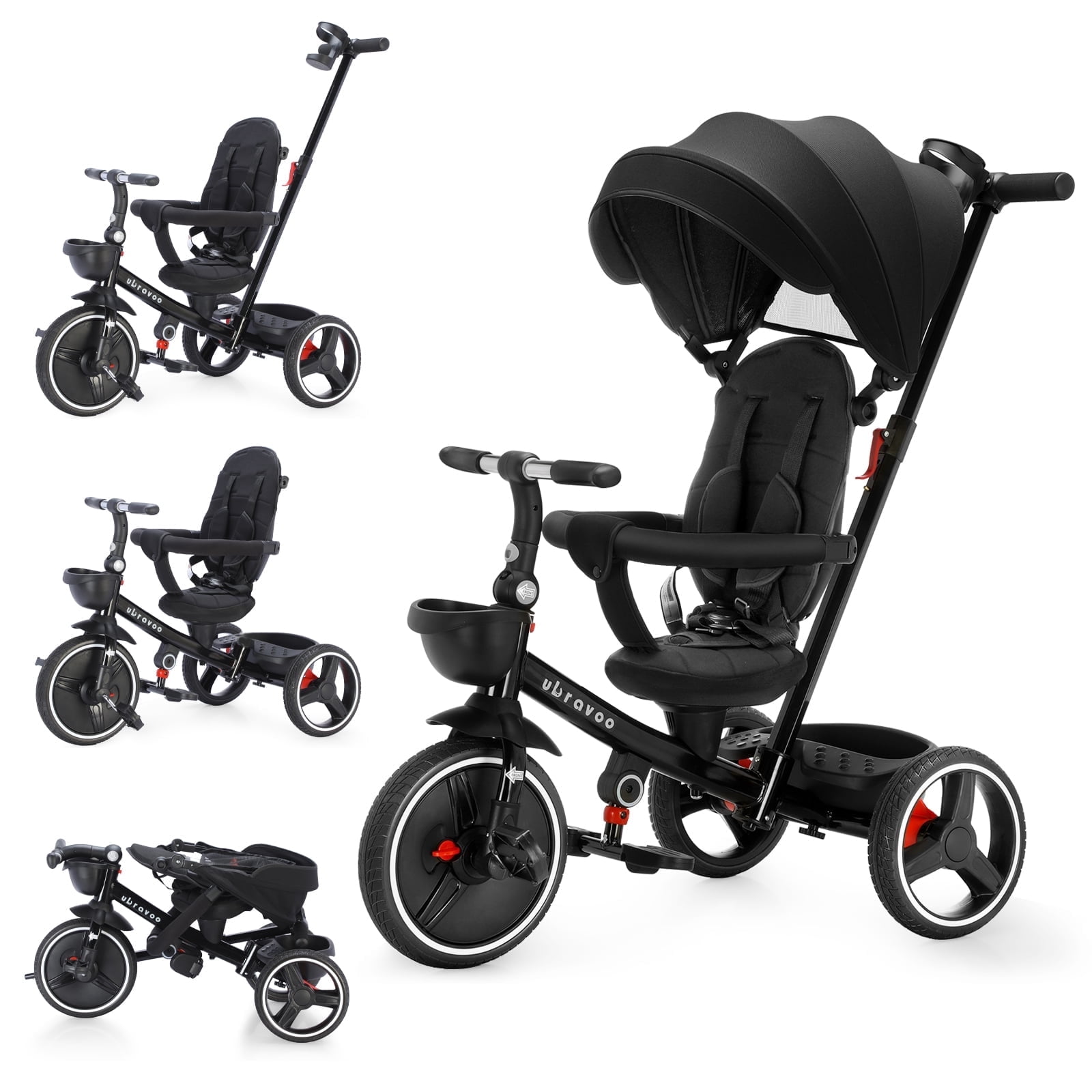 Kynorva 6-in-1 Baby Tricycle, Folding Kids Trike with Adjustable Parent Handle, Safety Harness, Wheel Brakes, and Removable Canopy, Stroller Bike Gift for Toddlers 10 Months to 5 Years (Black)