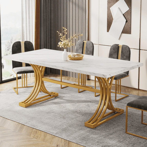 Tribesigns Modern Dining Table for 4 people, 63-Inch Rectangular Kitchen Table with Heavy-Duty Trestle Leg, White and Gold(Chair Not Included)