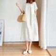 thumbnail image 1 of JUNWELL Robe Longue Femmes S-2XL Taille Nouvelle casual Été en Vrac Jupe à Manches Courtes Col Rond Robe en Lin de Coton de Couleur Unie, 1 of 7