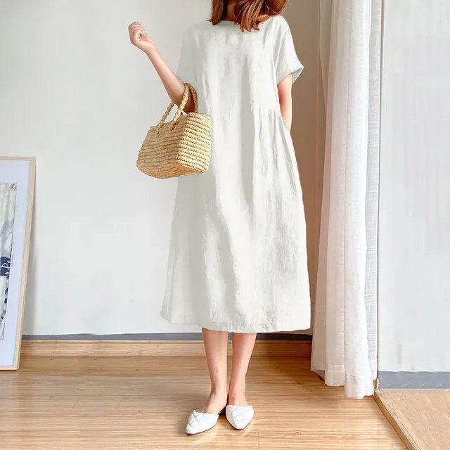 JUNWELL Robe Longue Femmes S-2XL Taille Nouvelle casual Été en Vrac Jupe à Manches Courtes Col Rond Robe en Lin de Coton de Couleur Unie