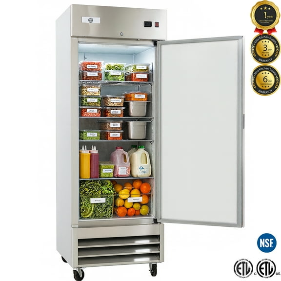 29'' Single Door Commercial Refrigerator – Stainless Steel Reach-In Cooler, 23 Cu. Ft. Bottom-Mounted Compressor, ETL/NSF Certified