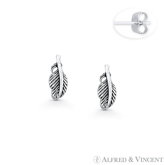 Bird's Wing Feather Charm Stud Earrings in Oxidized .925 Sterling Silver