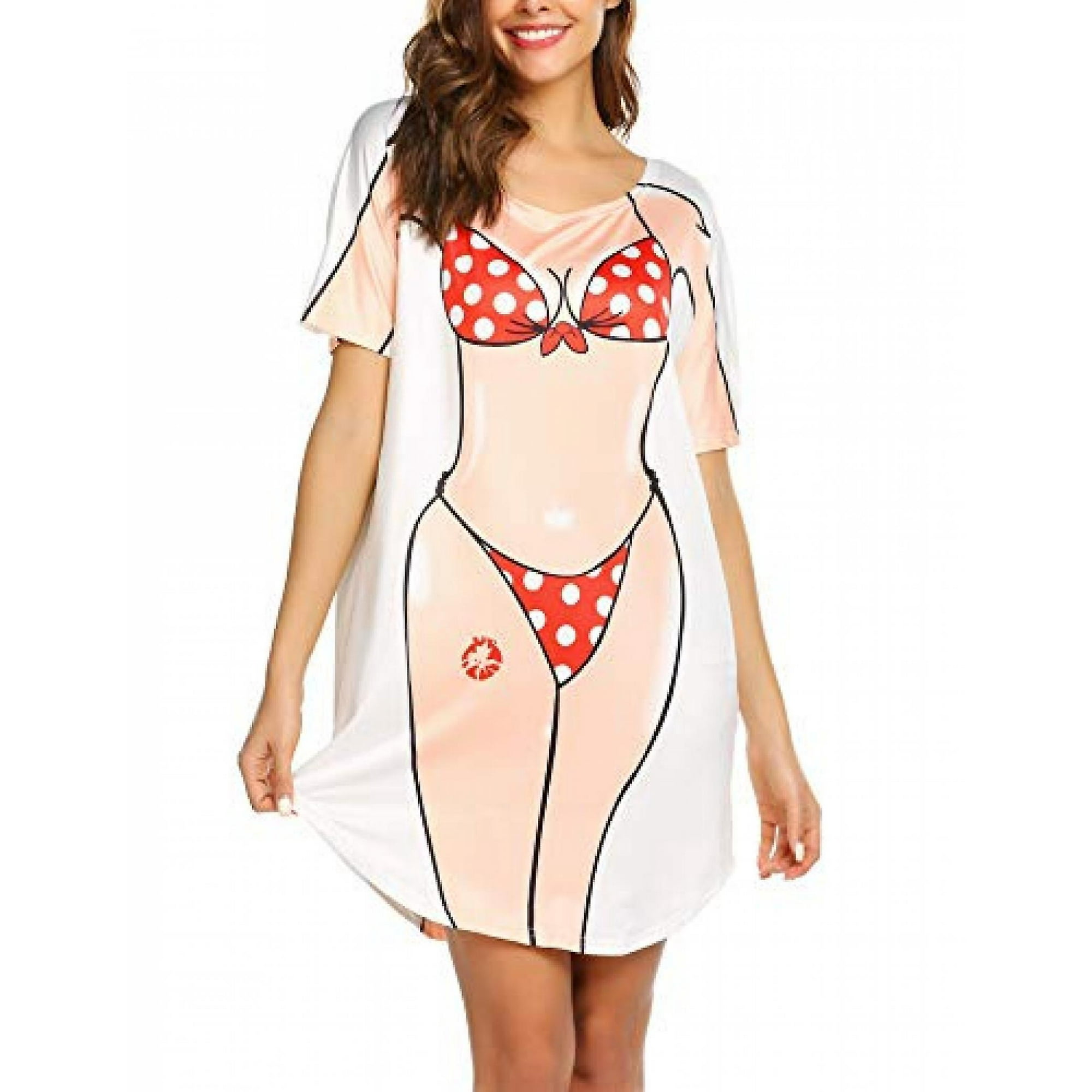 Hhhc Women s Bikini Shirt Cover Up Short Sleeve Cute Bikini Print Cover Up Baggy T Shirt Dress Fun Wear Red M