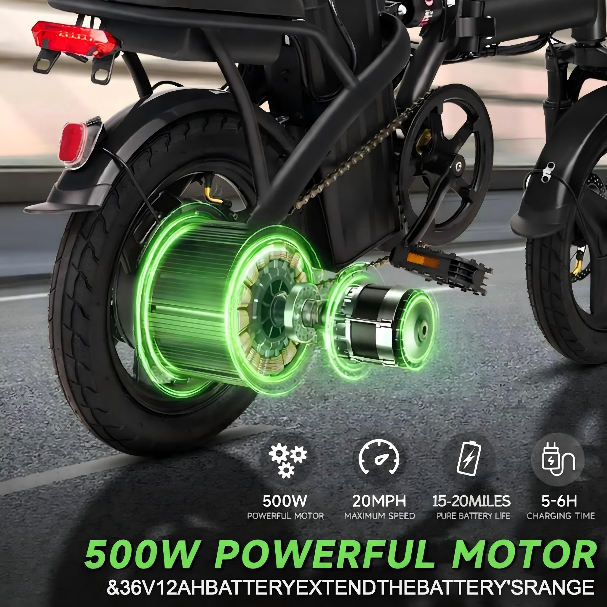 14” Folding Electric Bike, Peak 500W Motor 36V 12Ah Battery, Ebike 20 MPH, 20 Miles PAS Range, Shock Absorbers, UL 2849 Certified for Adult and Teen