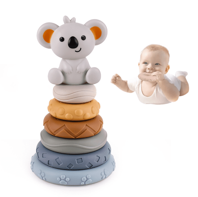 Jouet Empilable 7 Pièces Pour Bébé - Anneaux Colorés + Koala - Silicone Alimentaire - Montessori 6-18 Mois - Stimule Motricité Et Sens - 9
