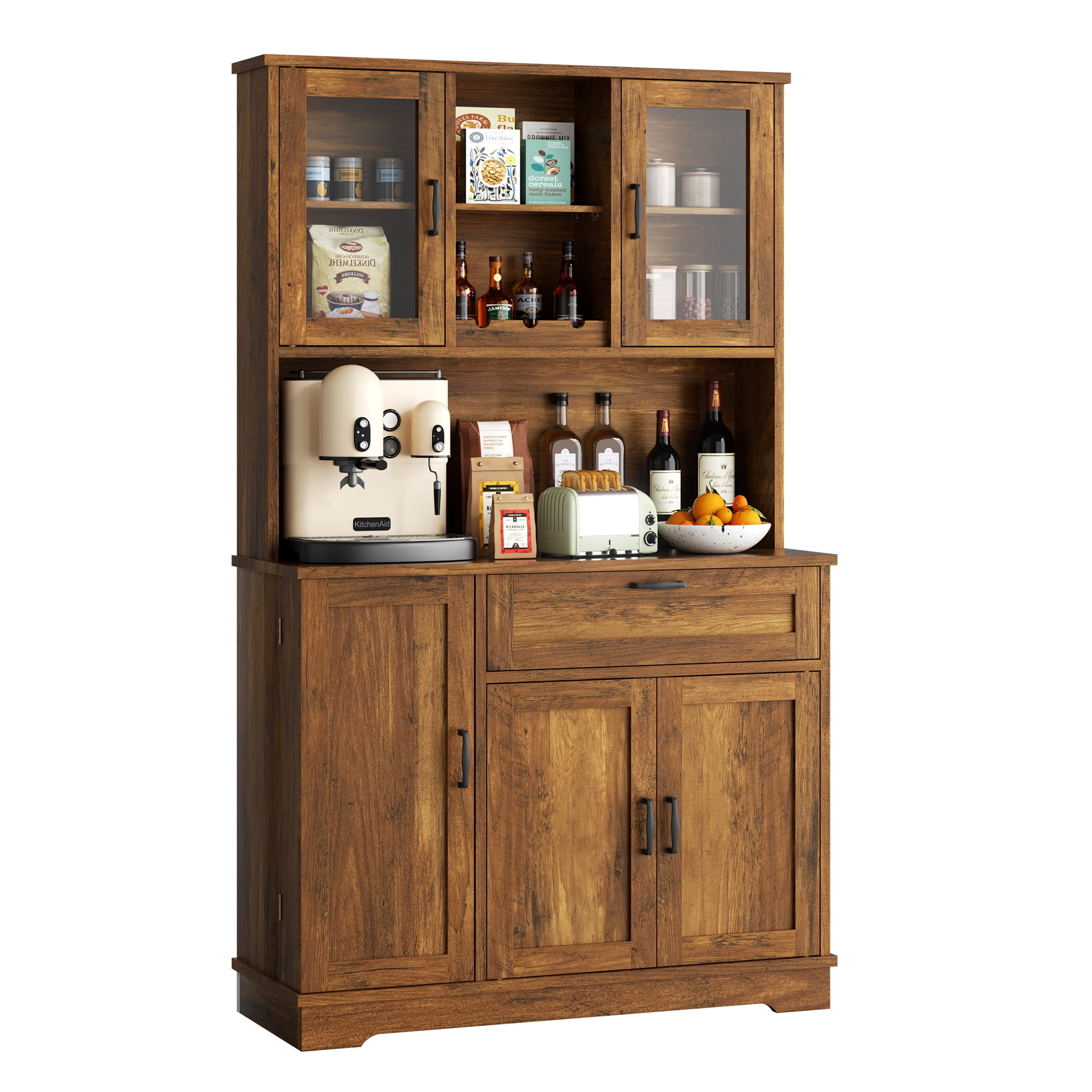 Walsunny Pantry Cabinet with Microwave Shelf Doors Drawer for Kitchen Storage 68" Tall Kitchen Food Cabinet Pantry Organizer Shelves Coffee Bar Cabinet with Hutch Brown