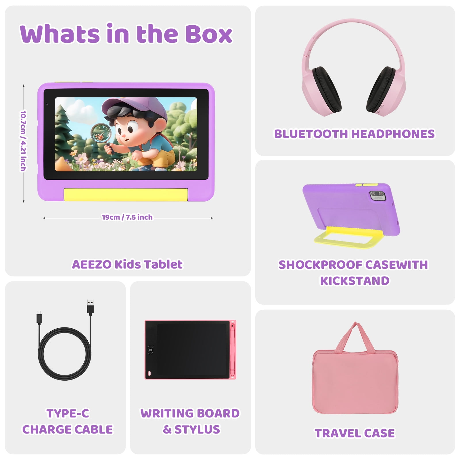 AEEZO 7 Inch Kids Tablet Bundle, 8GB RAM 64GB, Learning Tablet for Kids Ages 3-10 with Headphones Stylus Bag, Purple