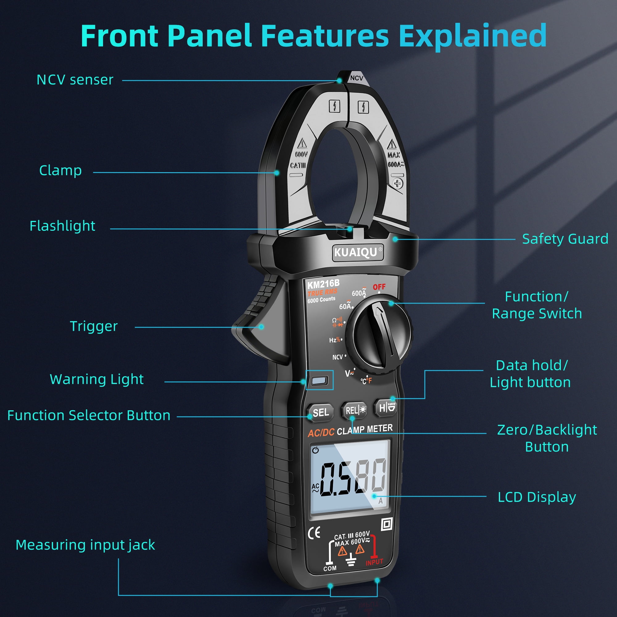 KUAIQU T-RMS Digital Clamp Meter 600A Current Amp Volt Meter 6000 Counts with NCV ℃/℉ Resistance Capacitance Frequency Duty Cycle AUTO Handheld Multimeter