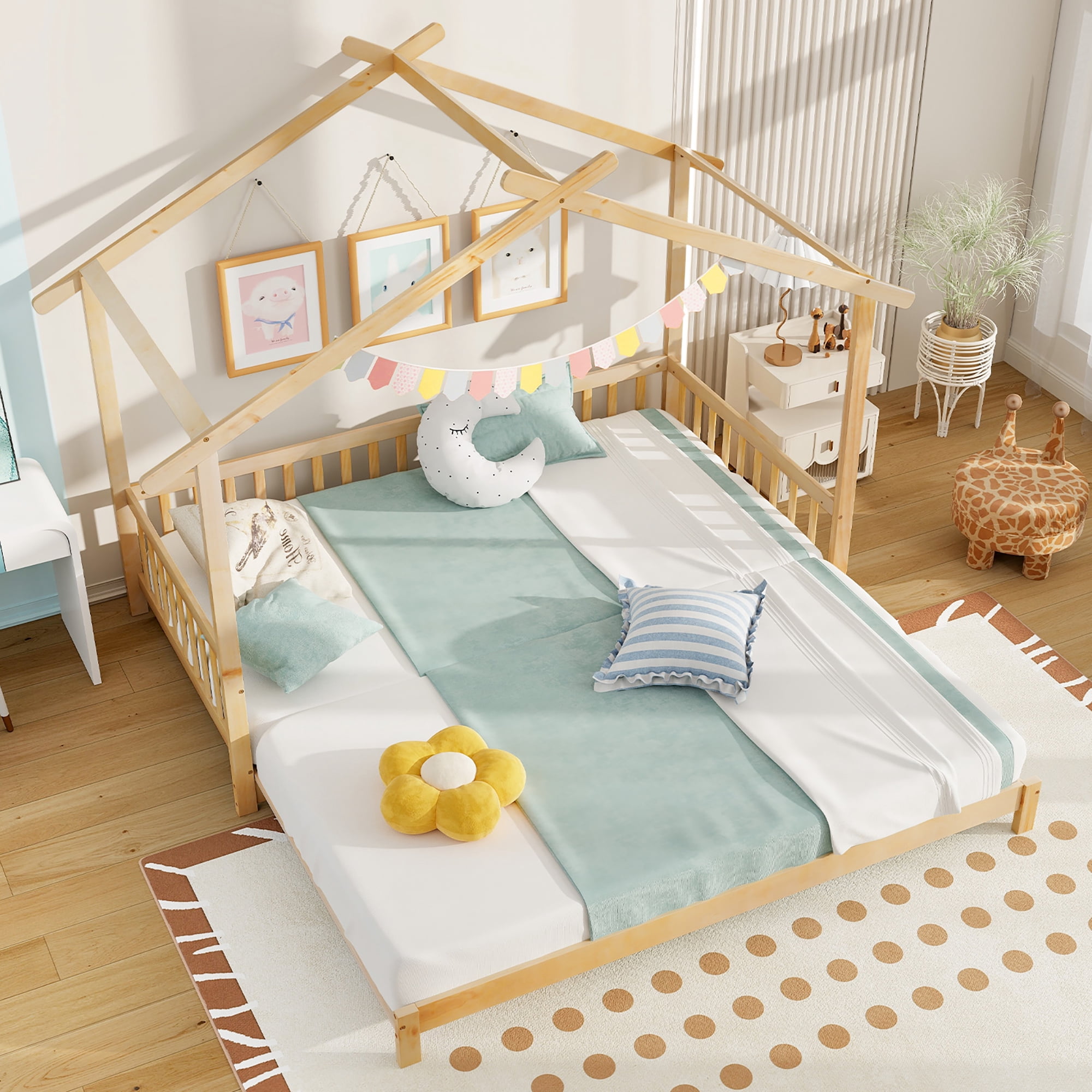 Gymax Wooden House Bed Twin to King Daybed w/ Safety Rails & Decorable Roof Natural