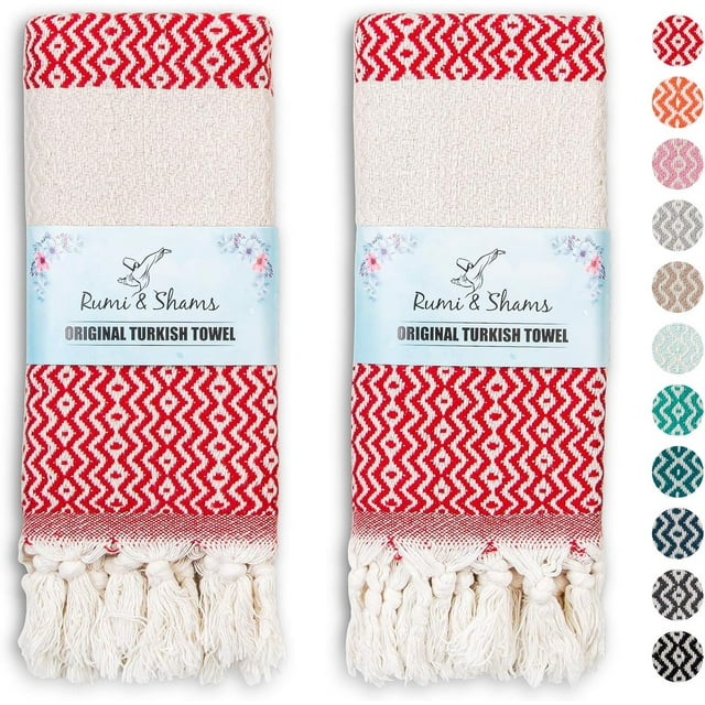 Rumi & Shams 2 Pcs Serviettes de Cuisine Décoratives en Coton Boho - 16x35, Serviettes à Main Rouges Certifiées Oeko-Tex