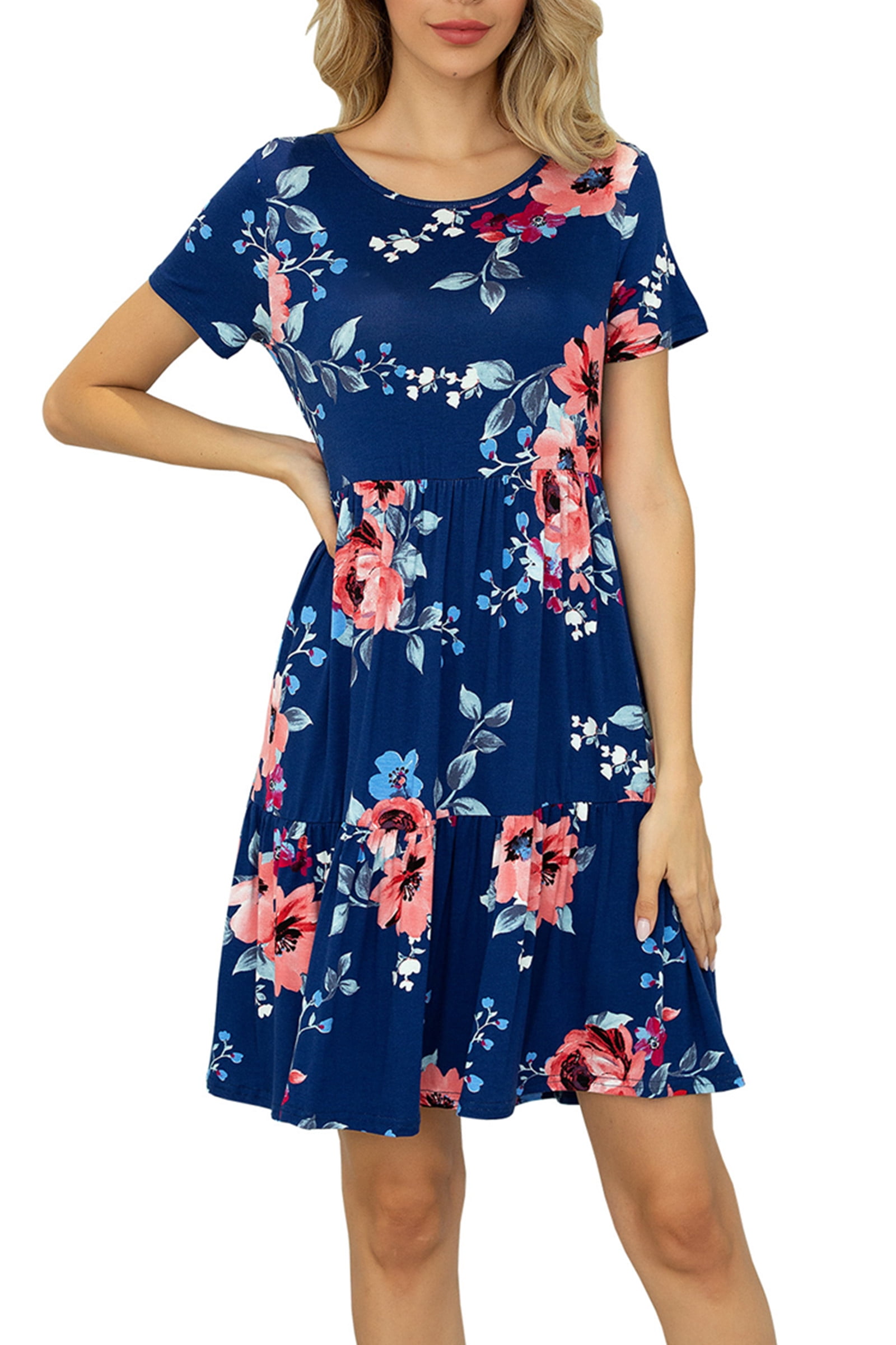 CALIPESSA Womens Summer Tiered Layer Navy Blue Floral Print Short Dress ...