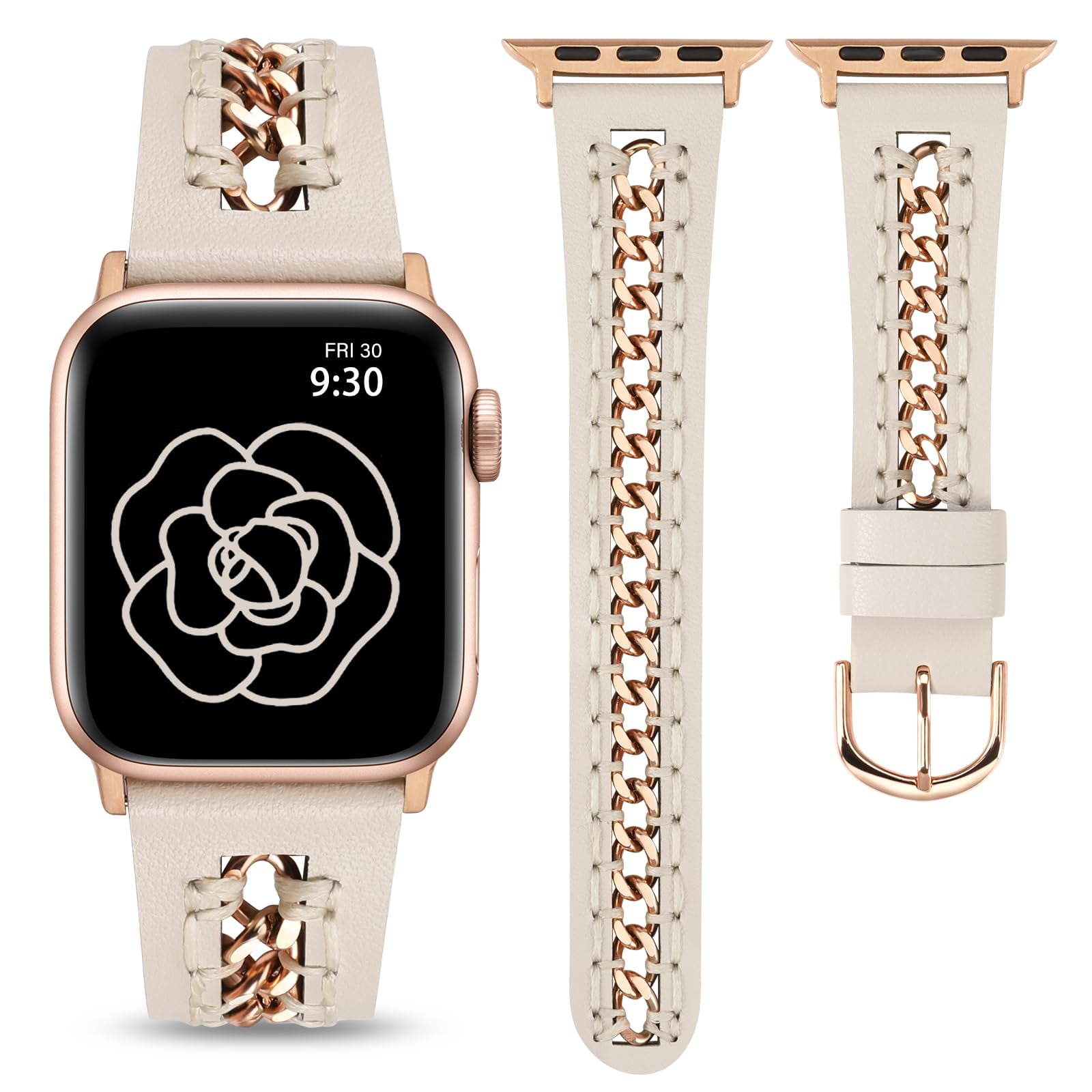 TOYOUTHS Leather Bands Compatible with Apple Watch Band 38/40/41/42/44/45/49mm Women, Dressy Leather Strap with Stainless Steel Metal Hollow-out Chain Bracelet for iWatch Ultra 2,Series 9 8 7 6 5-1