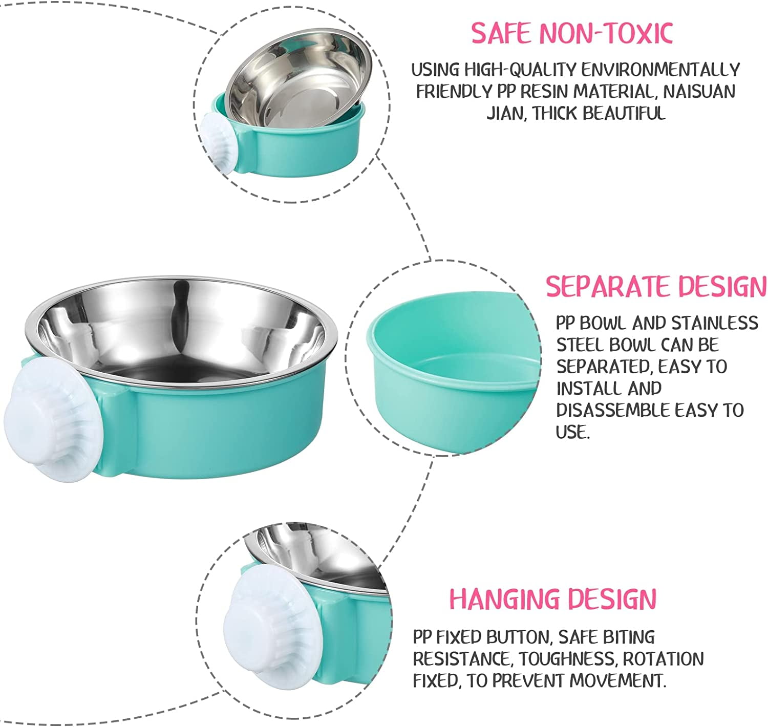 12-Pack Stainless Steel Hanging Crate Bowls - Removable Kennel Food Water Cups for Puppy Dog Cat Bird Ferret Rabbit Guinea Pig