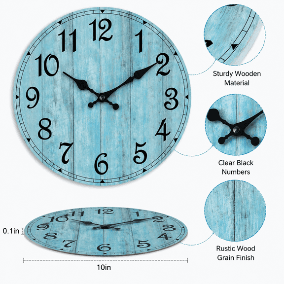 10 Inch Blue Silent Wall Clock, Non Ticking Battery Operated Clock, Vintage Rustic Country Style Decorative Wall Clock for Kitchen, Bathroom, Living Room & Bedroom