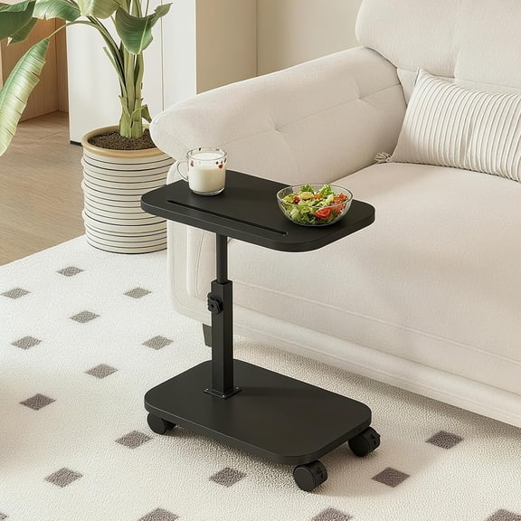 Adjustable Height TV Tray Table with Wheels, C Shaped End Side Table & Phone Tablet Slot, Swivel Snack Stand for Couch, Sofa, Bed,Living Room, Laptop Use in Small Spaces (Black)