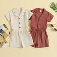 thumbnail image 5 of GYRATEDREAM Toddler Baby Boys Outfits Summer Solid Color Cotton Linen Turn Down Collar Button Short Sleeve Top + Elastic Shorts 2 Piece Sets Infant Suits for 6 Months-4 Years, 5 of 6