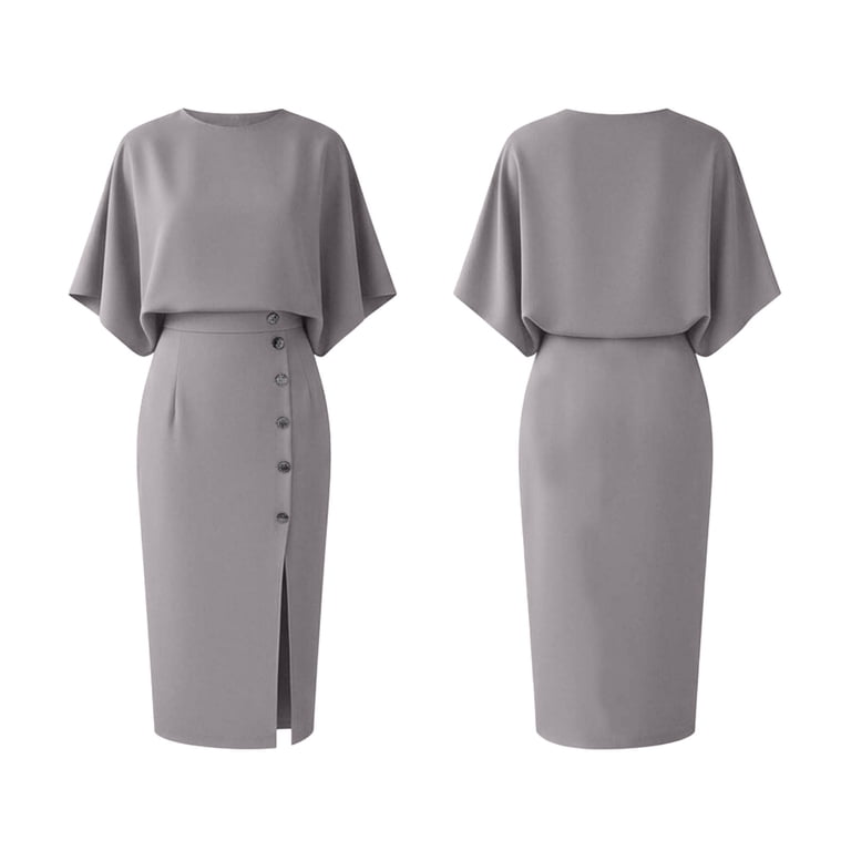Qulqfy Wedding Guest Dresses for Women Short Sleeve Dressy Midi Solid Square Neck Vacation Split Corset Button Down Spring Sundress 2XL