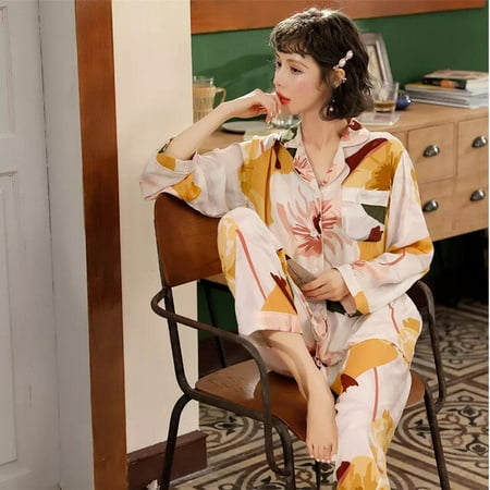 

QWZNDZGR Pajamas For Women Summer Pyjamas Ladies Pijama Suits Long sleeves Sleepwear Two-piece Polyester Home Clothes Female Pajama Sets