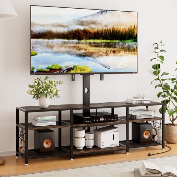 VECELO 63 Inch TV Stand for TVs up to 65 Inch with Swivel Mount and Power Outlet, Entertainment Center Height Adjustable TV Console with Storage Shelves, Brown
