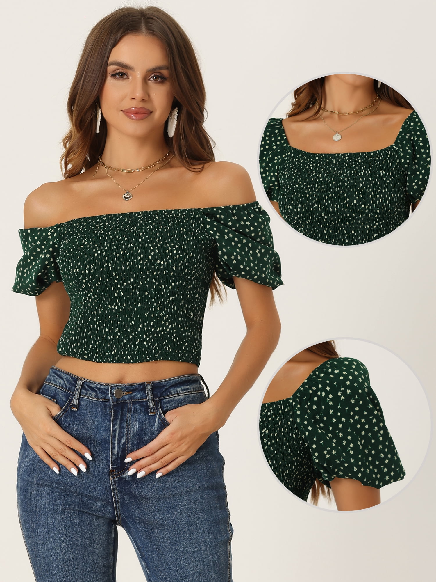 Unique Bargains Women's Floral Smocked Puff Sleeve Crop Top Summer Casual Blouse XS Green