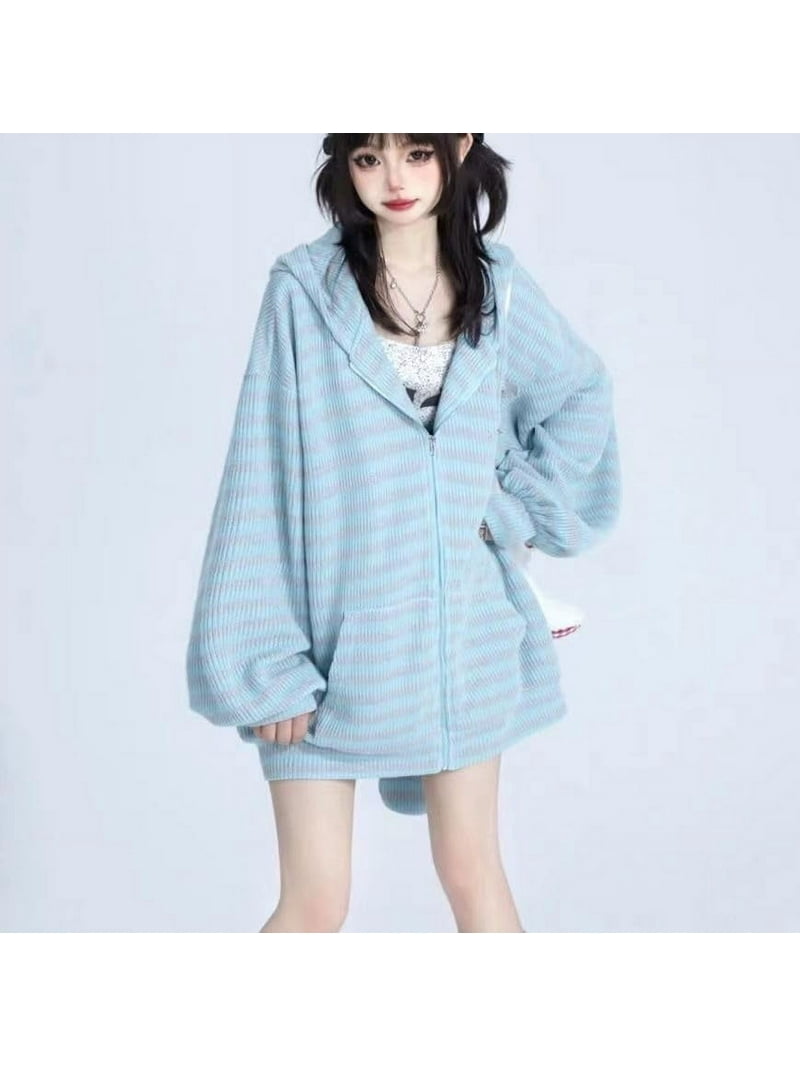 トップス shushucherry Bunny hood 2-way zip-up Kukuzhu Y2K Bunny Ear Hoodie Harajuku Kawaii Striped Zip Up Hoodie