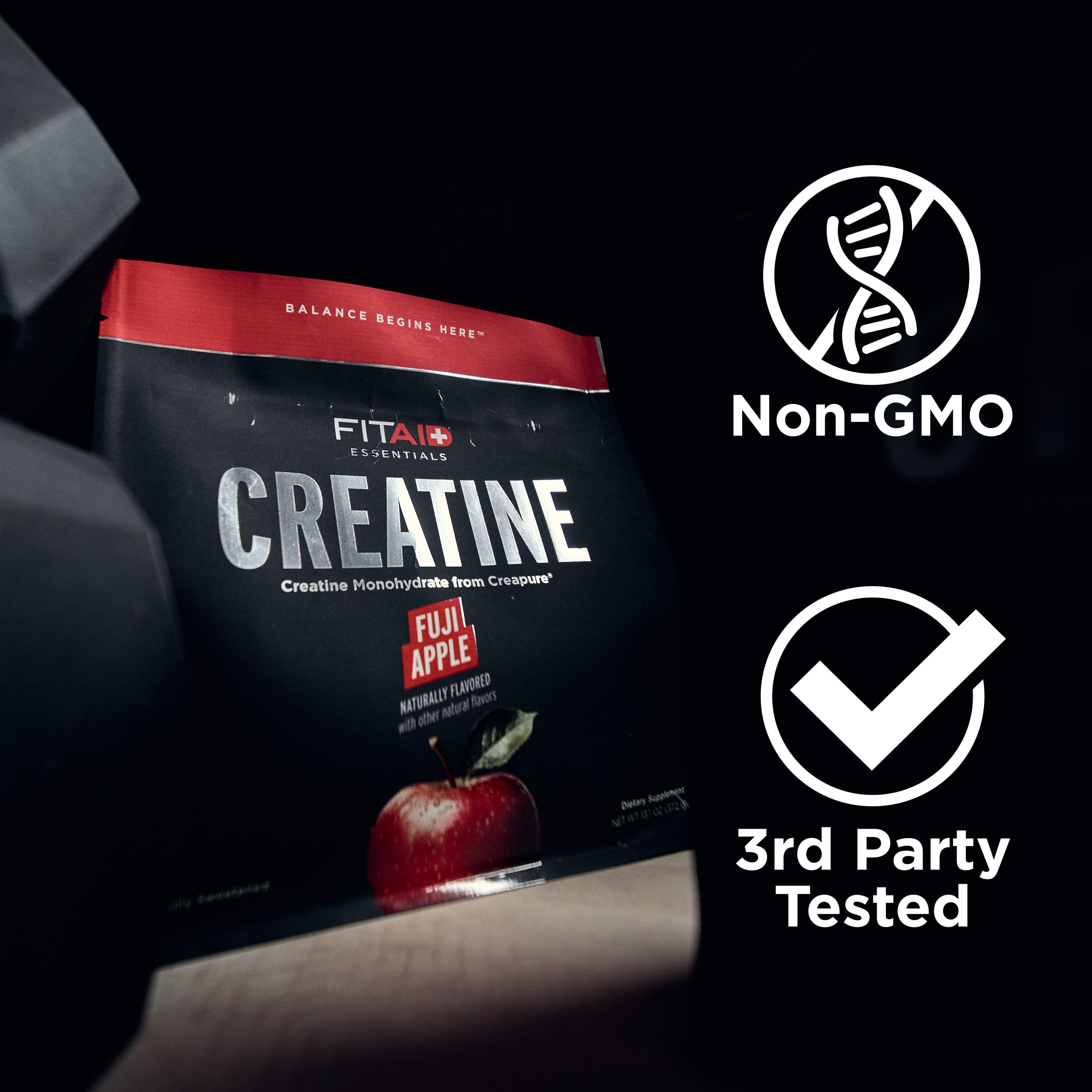 FITAID Essentials Creatine Powder Fuji Apple, CreaPure Creatine Monohydrate, ATP Production for Weightlifting, Cycling, Zero Sugar, Smooth-Mixing, Easy on Stomach, Resealable, 60 Servings