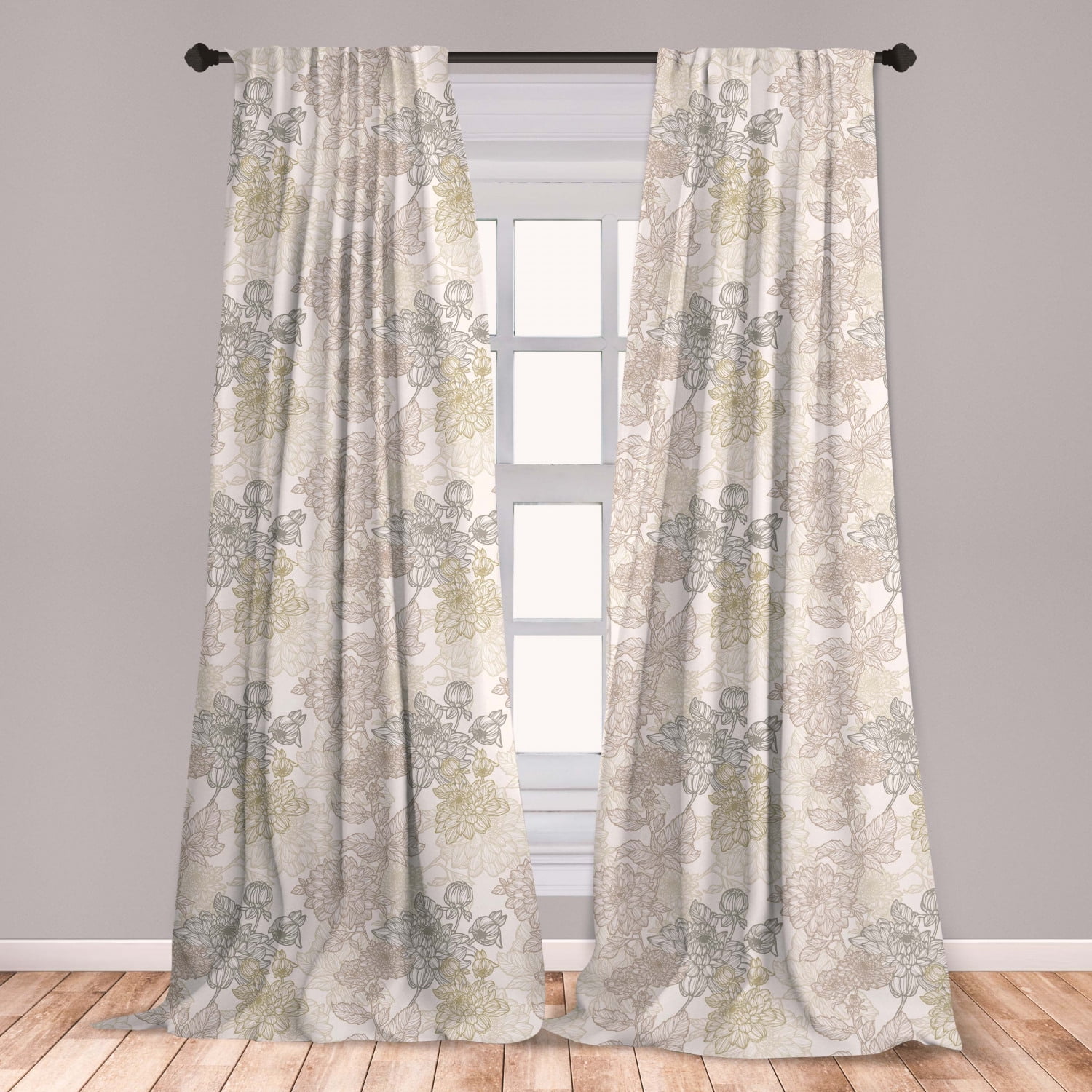 Vintage Curtains 2 Panels Set, Pattern of Chrysanthemum Flowers with