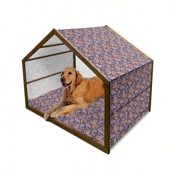 Paisley Pet House, Sixties and Seventies Hippie Themed Motives Geometrical and Floral Design Image Print, Outdoor & Indoor Portable Dog Kennel with Pillow and Cover, 5 Sizes, Purple, by Ambesonne