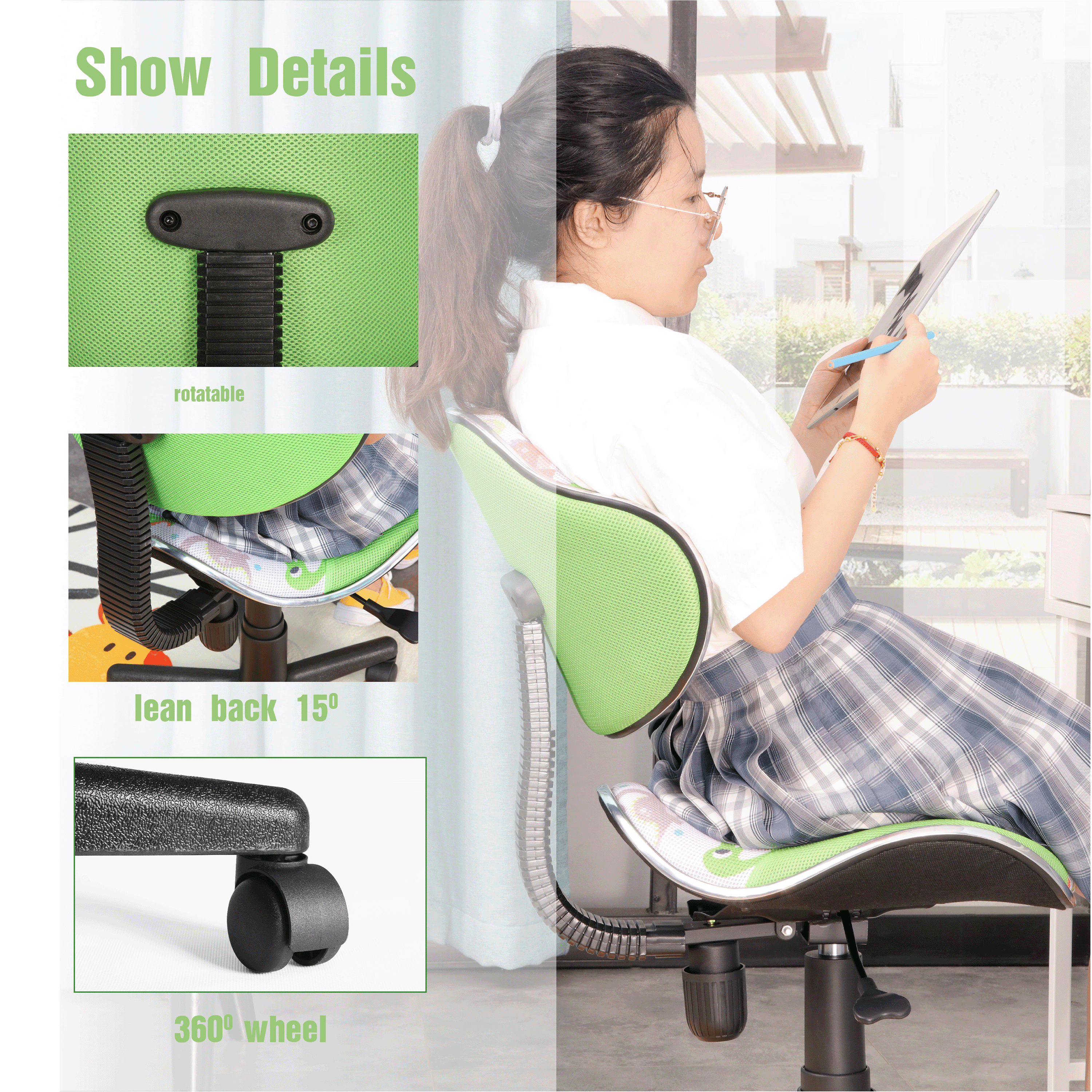 JJS Home Office Low Back Computer Executive Chair, Ergonomic Mesh Chair with Extra Large Base and Pads, GreenDinosaur