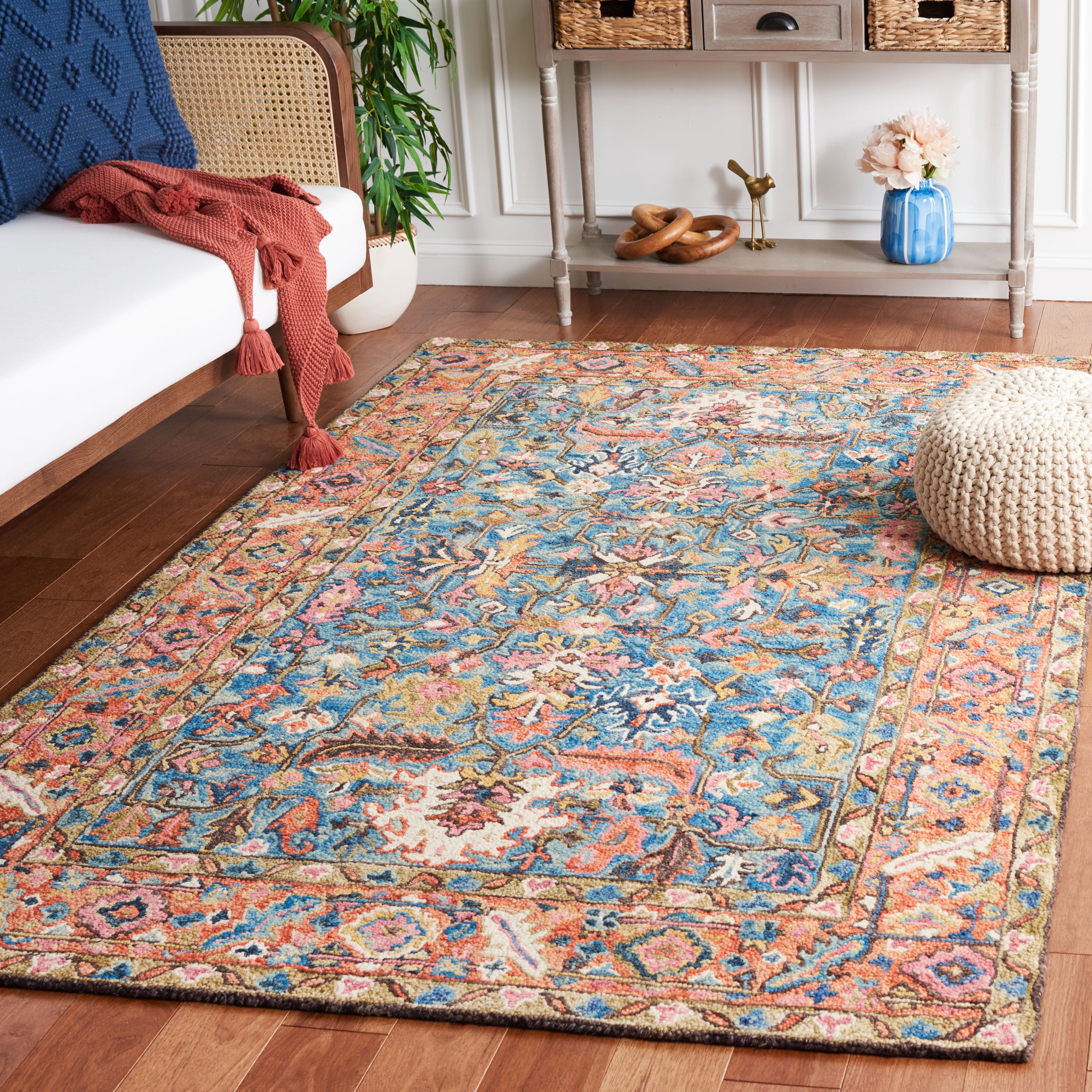 SAFAVIEH Blossom Merletta Floral Area Rug, Blue/Rust, 6' x 6' Square