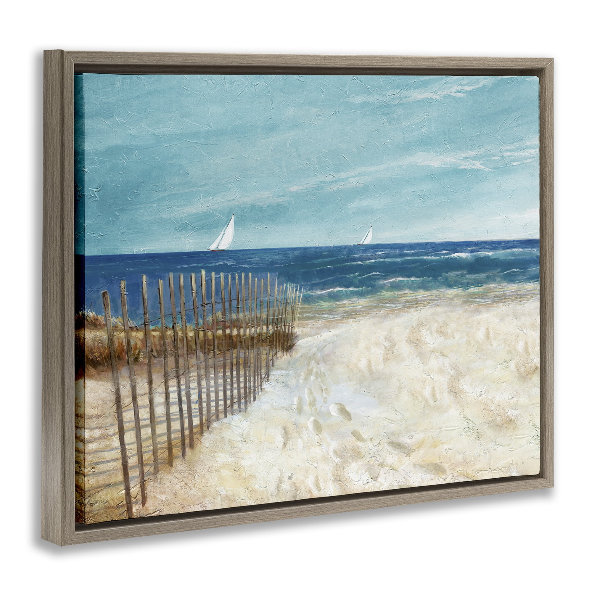 Stupell Industries Footprints by Sandy Fence Nautical & Beach Painting Brown Floater Framed Canvas Art Print Wall Art, 31 x 25