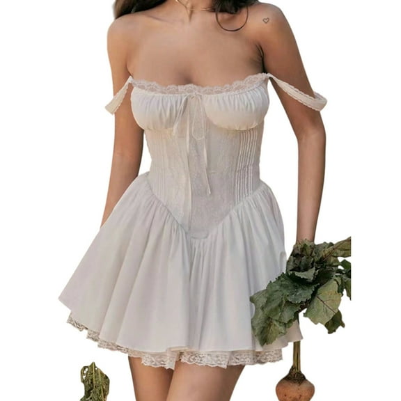 Women's Sweetheart Neck Lace Trim A-Line Mini Dress – Sleeveless Tie-Front Party Outfit