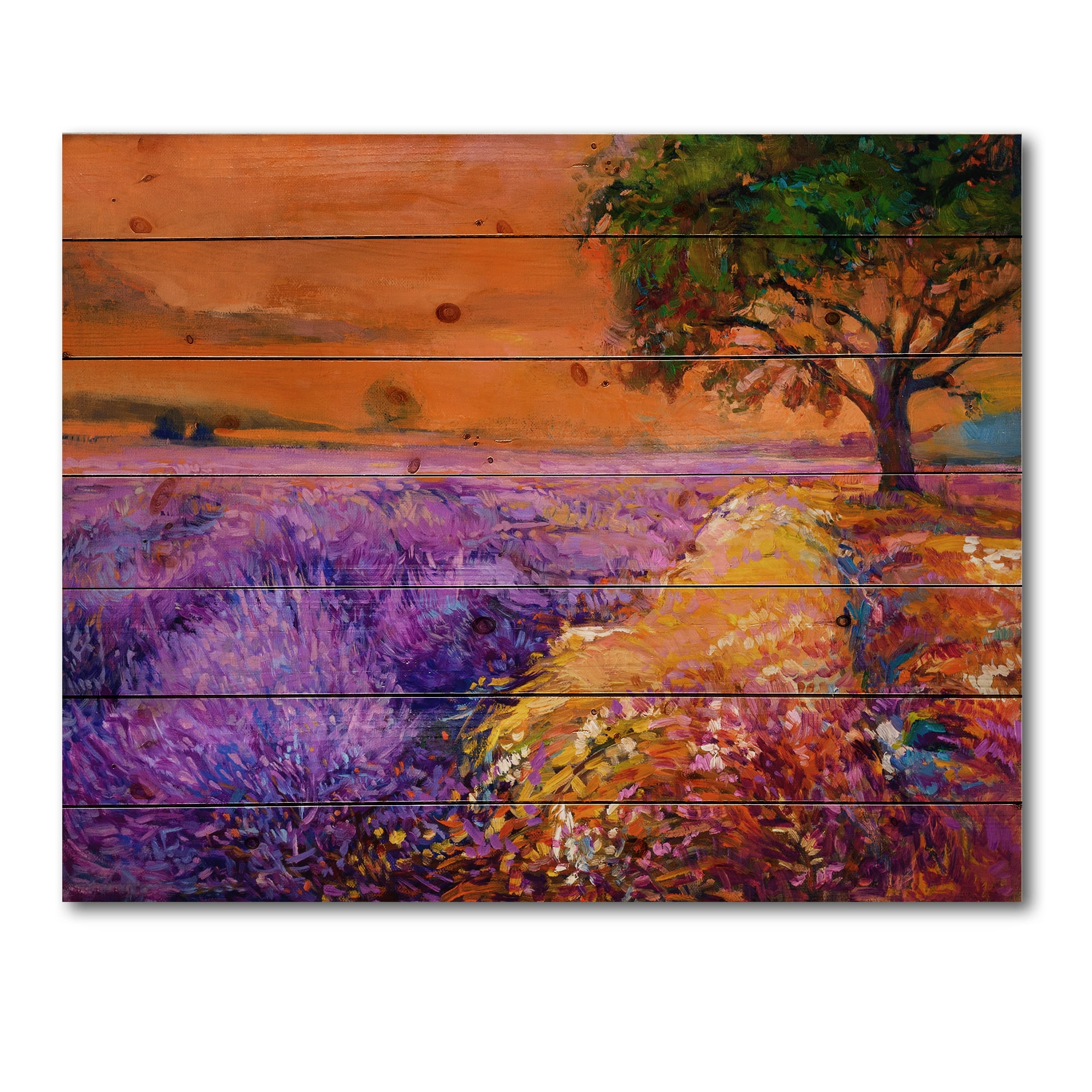 Designart 'An Orange Sunset Over Purple Lavender Fields II' Farmhouse Print on Natural Pine Wood