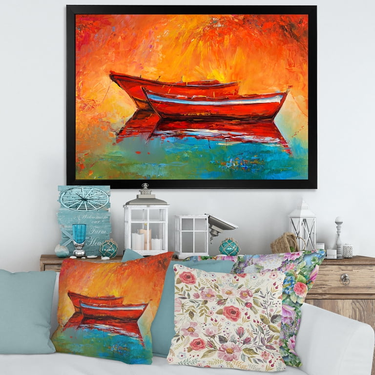 Two Red Boats During Sunset In Lake 40 in x 30 in Framed Painting