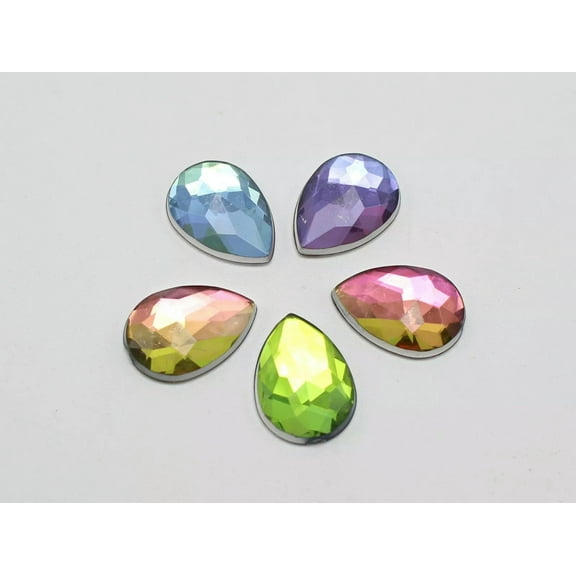 U8MO 100 Rainbow AB Acrylic Flatback Faceted Teardrop Rhinestone Gems 10X14mm No Hole