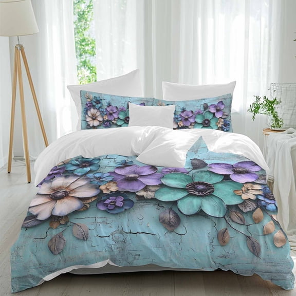 3 Piece Spring Purple Flowers Duvet Cover Set Queen Size,Microfiber Comforter/Quilt Cover with Corner Ties and 2 Pillowcases,Floral Mottled Teal Wall Retro All Season Soft Bedding with Zipper Closure