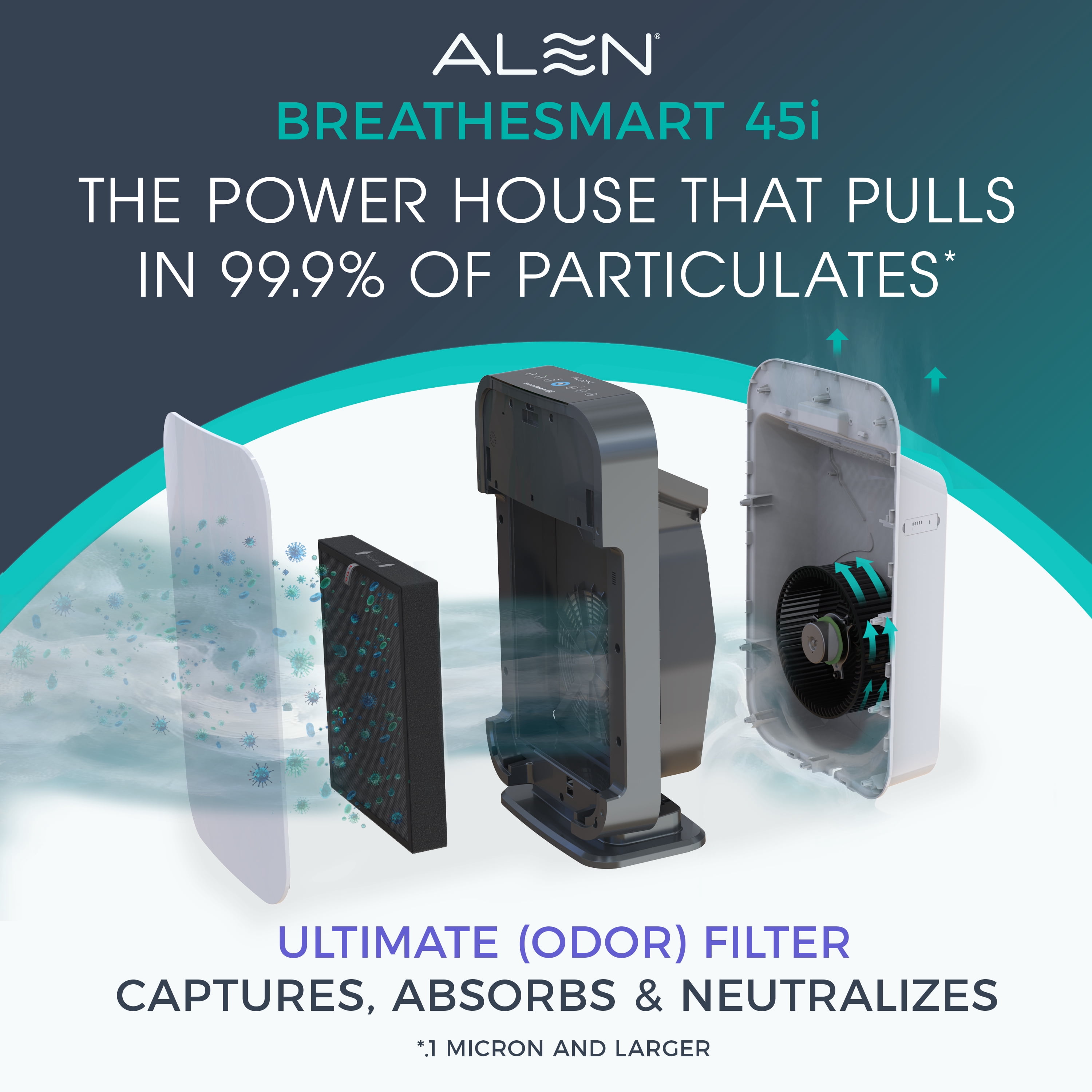 Alen Air Purifier BreatheSmart 45i HEPA with Ultimate (Odor) Filter for Large Rooms up to 1900 Sq. Ft. - Perfect for Bedrooms & Home Offices - Captures Dust - White
